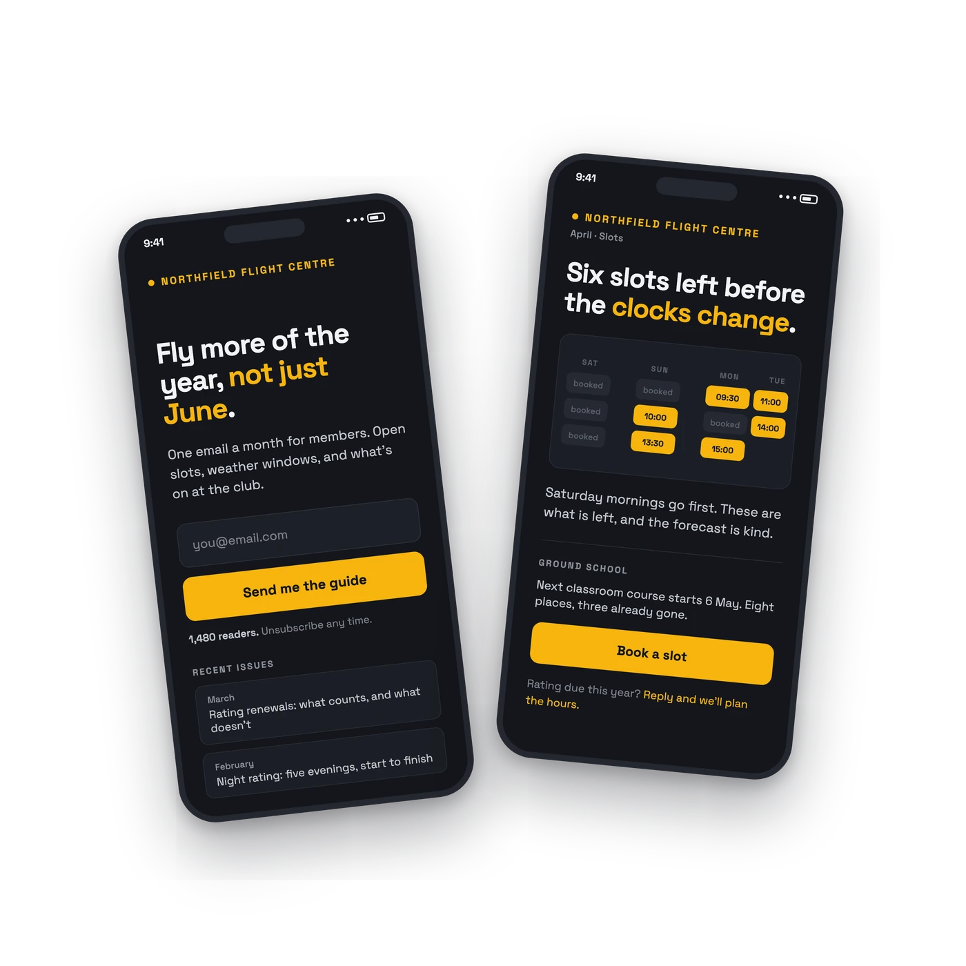A flight school newsletter from Northfield Flight Centre shown on two phones: a signup page for club members and pilots, and an issue showing which flying slots are still open this week, the next ground school start date, and a button to book.